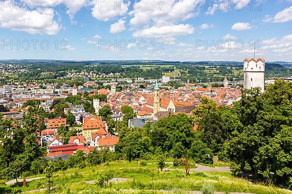 View of town from above with Mehlsack Tower and old town in Ravensburg