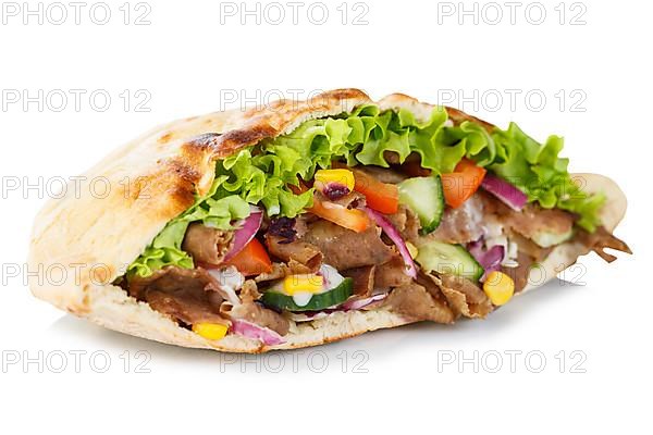 Doener Kebab Doner Kebap fast food in a flatbread cut out against a white background in Stuttgart