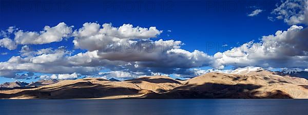 Panorama of Himalayan lake Tso Moriri in Himalayas on sunset