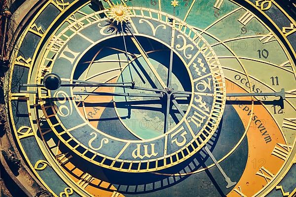 Vintage retro hipster style travel image of astronomical clock on Town Hall. Prague