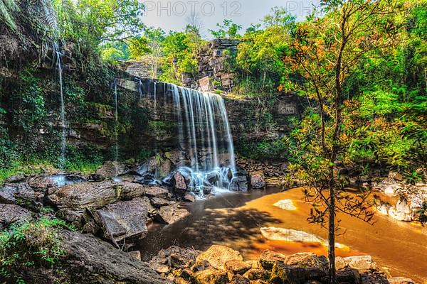 High dynamic range HDR image of tropical waterfall. Popokvil Waterfall