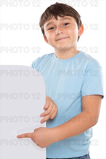 Child Boy Pointing to Advertising Marketing Blank Sign with Text Free Space Copyspace isolated in Stuttgart