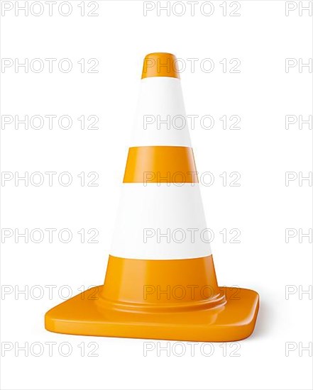 Orange highway traffic construction cone with white stripes isolated on white