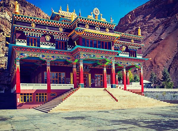 Vintage retro effect filtered hipster style travel image of Buddhist monastery in Kaza. Spiti Valley