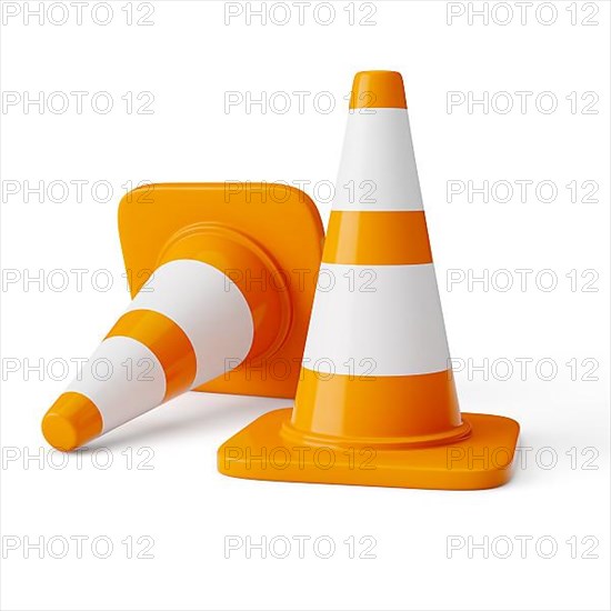 Orange highway traffic construction cones with white stripes isolated on white