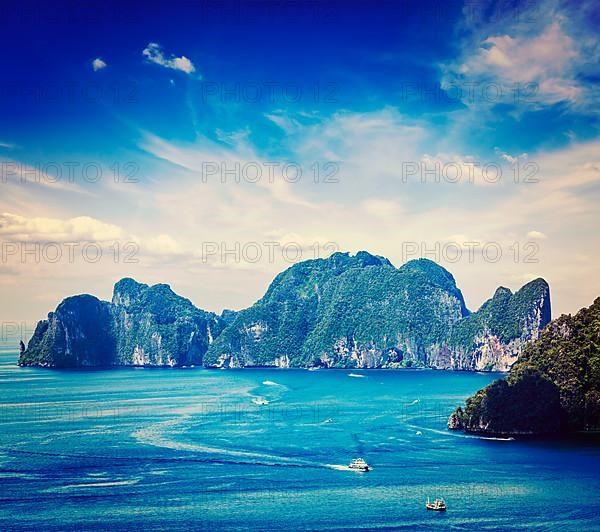 Vintage retro effect filtered hipster style travel image of aerial view of Phi Phi Leh island in Andaman Sea