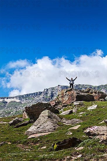Happy tourist in mountains Himalayas