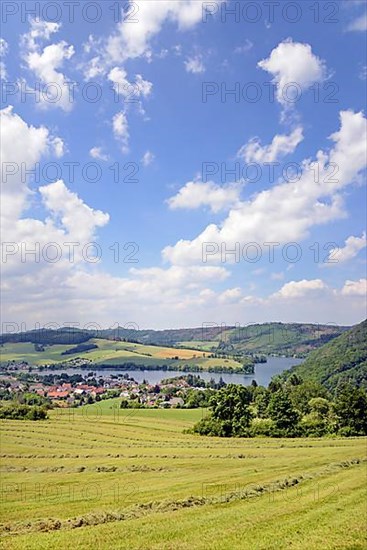 View of the village of Heringhausen and Lake Diemel