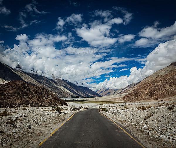 Road in Himalayan landscape in Nubra valley in Himalayas. Ladakh