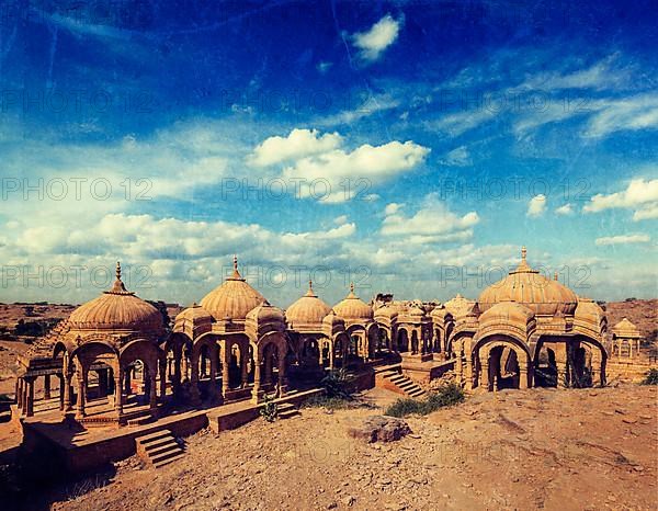 Vintage retro hipster style travel image of Bada Bagh cenotaphs ruins