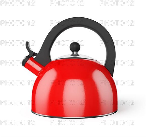 Red stovetop whistling kettle isolated on white background