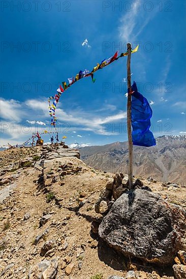 Buddhist prayer flags lungta in Spiti valley. Dhankar