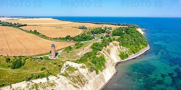 Aerial view of Cape Arkona on the island of Ruegen at the Baltic Sea with lighthouse and chalk cliff panorama in Cape Arkona