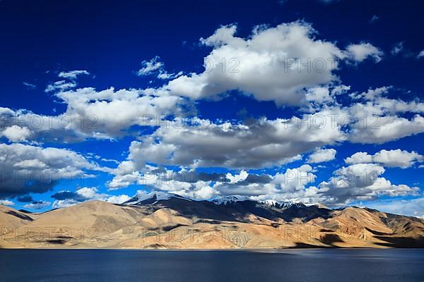 Himalayan mountain lake in Himalayas Tso Moriri on sunset