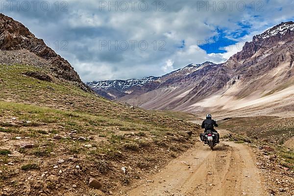 Bike on mountain road in Himalayas. Spiti Valley