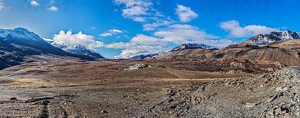 Panorama Himalayan landscape in Hiamalayas near Baralacha La pass. Himachal Pradesh