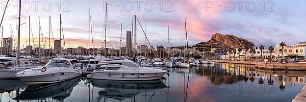 Port of Alicante in the evening Port dAlacant Marina with boats and view of Castillo Castle holiday travel city panorama in Alicante