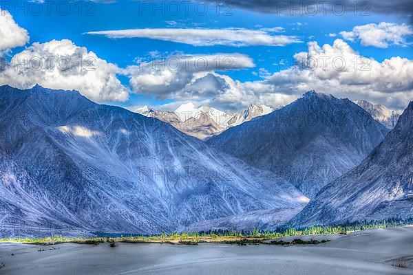 High dynamic range image valley in Himalayas. with sand dunes. Hunder