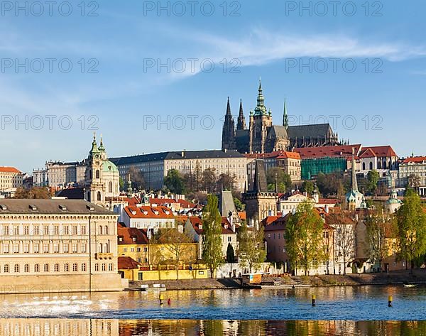 View of Mala Strana and Prague castle over Vltava river. Prague