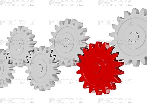 Teamwork success leadership cooperation partnership concept: gear cogwheels in row working together isolated on white