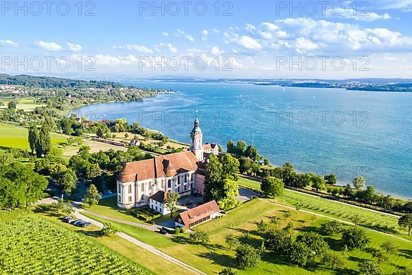 Cistercian monastery at Lake Constance baroque pilgrimage church aerial view in Birnau
