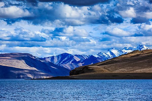 Himalayan mountain lake in Himalayas Tso Moriri on sunset