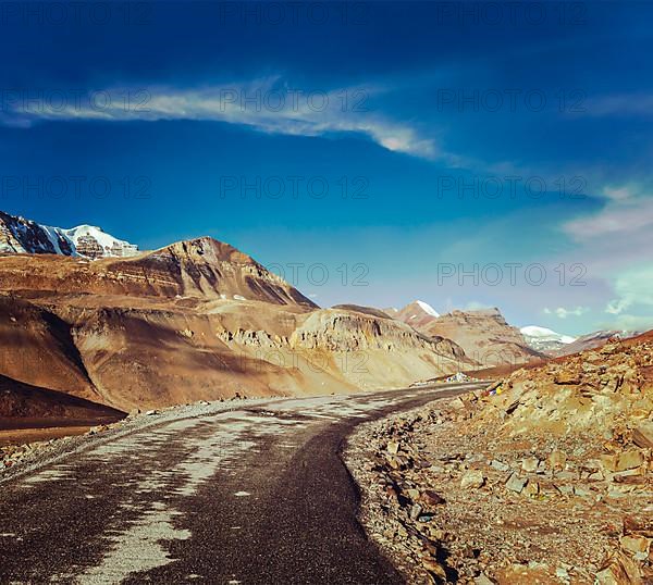 Vintage retro effect filtered hipster style travel image of Manali-Leh road to Ladakh in Indian Himalayas near Baralacha-La pass. Himachal Pradesh