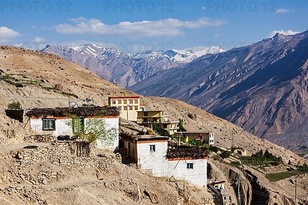 Himalayan village in mountains. Dhankar village