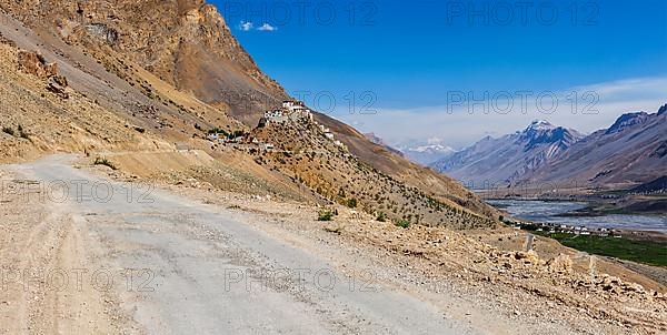 Panorama of road to Ki Monastery. Spiti Valley