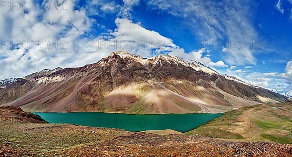 Panorama of mountain lake Chandra Tal in Himalayas. Himachal Pradesh