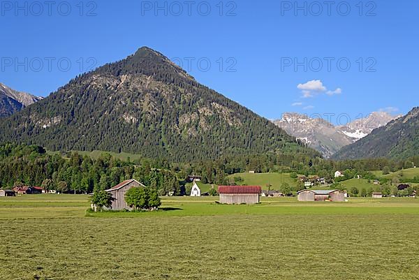 View from the Loretto meadows to the hay harvest and to the mountain Schattenberg 1721m