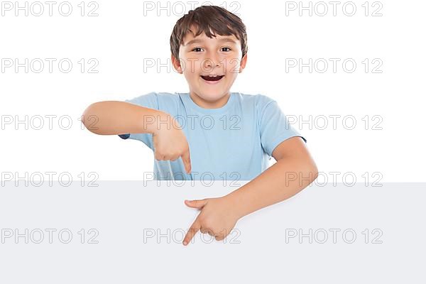 Child Boy Pointing to Advertising Marketing Blank Sign with Text Free Space Copyspace isolated in Stuttgart