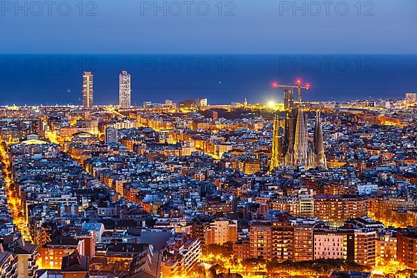 Skyline city overview with Sagrada Familia church in Barcelona