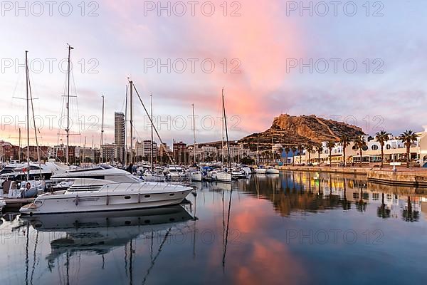 Port of Alicante in the evening Port dAlacant Marina with boats and view of Castillo Castle Holiday travel city in Alicante