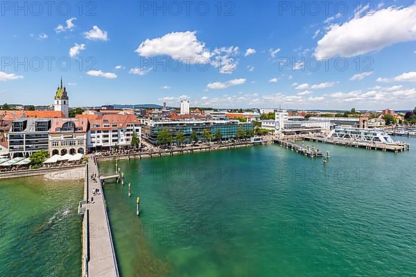 Lakeside promenade at Lake Constance travelling harbour city from above in Friedrichshafen