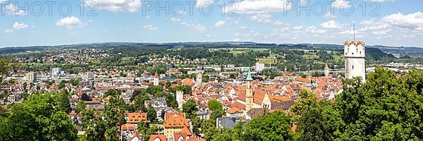 View of town from above with Mehlsack Tower and Old Town Panorama in Ravensburg