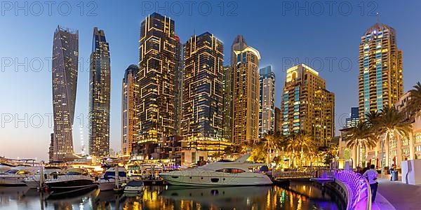 Dubai Marina Yacht Harbour Skyline Architecture Panorama Holiday by Night Panorama in Dubai