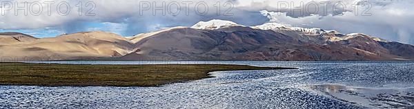 Panorama of Himalayan mountain lake in Himalayas Tso Moriri