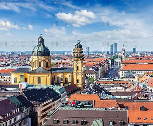 Aerial view of Munich over Theatine Church of St. Cajetan Theatinerkirche St. Kajetan and Odeonplatz