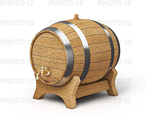 Wooden oak brandy wine beer barrel iwith valve tap solated on white background