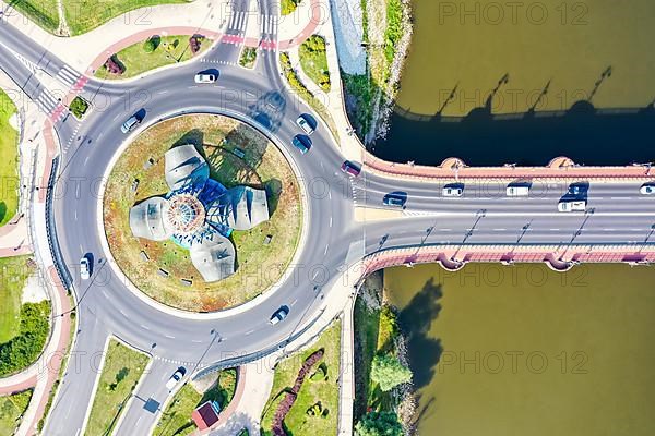 Aerial view of a roundabout in Landsberg an der Warthe city on the river in Gorzow Wielkopolski