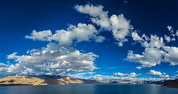 Panorama of Himalayan lake Tso Moriri in Himalayas on sunset