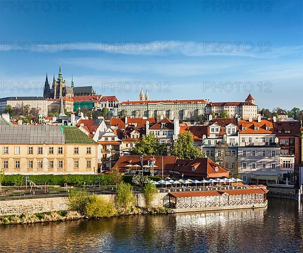 View of Mala Strana and Prague castle over Vltava river. Prague