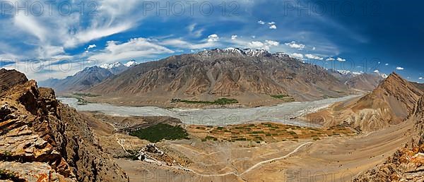 Aerial panorama of Spiti valley and Key gompa in Himalayas. Spiti valley