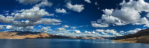 Panorama of Himalayan lake Tso Moriri in Himalayas on sunset