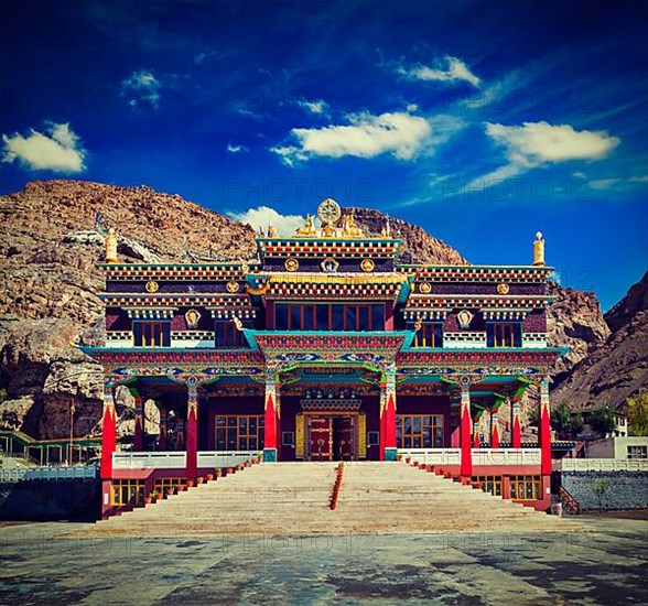 Vintage retro effect filtered hipster style travel image of Buddhist monastery in Kaza. Spiti Valley