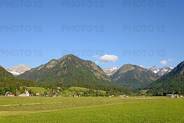 View from the Loretto meadows to the hay harvest and the mountains Schattenberg 1721 m