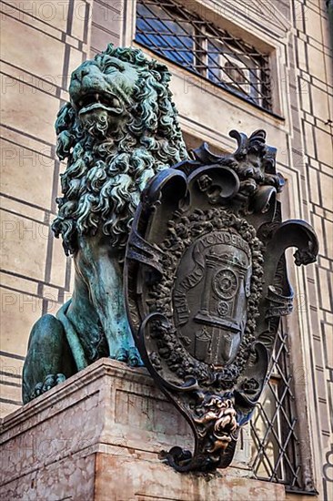 Bavarian lion statue at Munich Alte Residenz palace in Odeonplatz. Munich