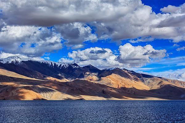 Himalayan mountain lake in Himalayas Tso Moriri on sunset