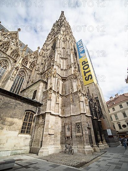 Poster against the war in Ukraine on the south tower of St. Stephen's Cathedral